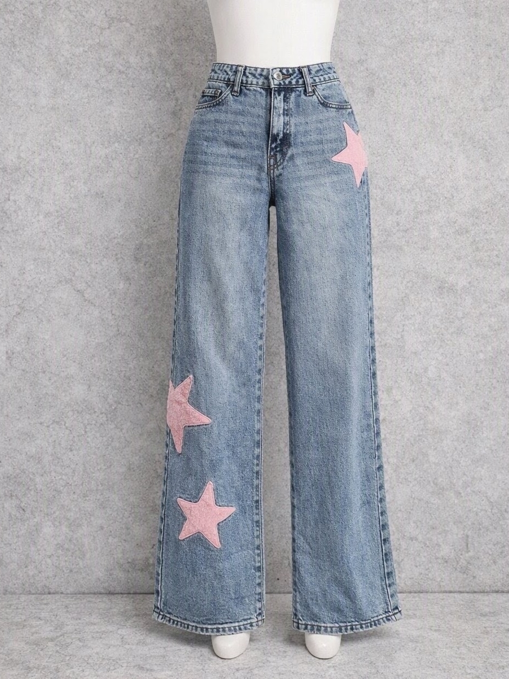 Wide Leg Light Wash Jeans with Pink Star Patches